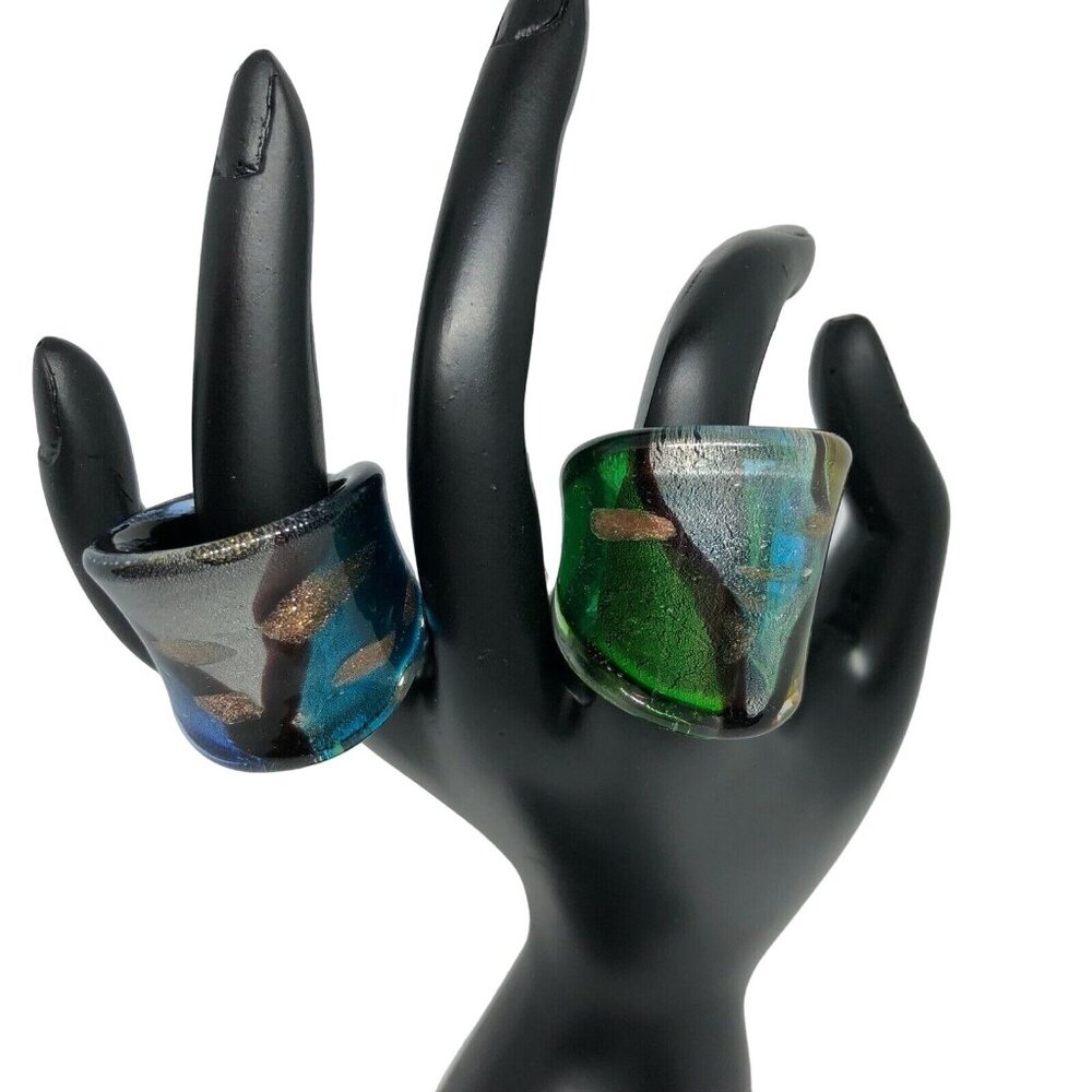 Handcrafted Dichroic Glass Statement Rings Blue & Green Tones Size 6.5